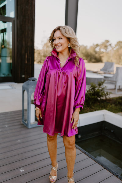 Adrienne Deep Magenta Satin Ruffle Collar Balloon Sleeve Dress