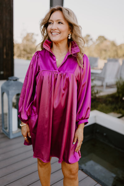 Adrienne Deep Magenta Satin Ruffle Collar Balloon Sleeve Dress