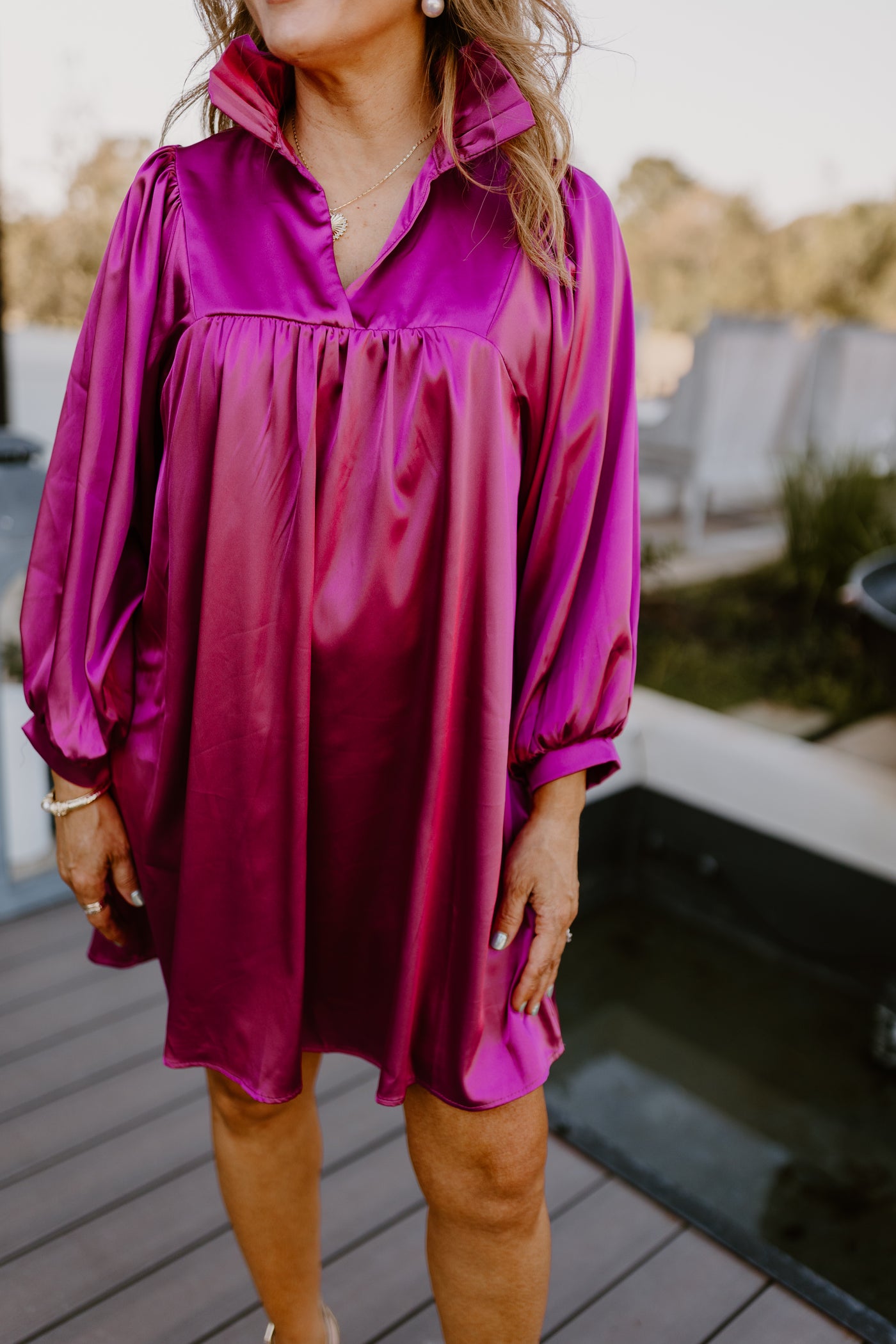 Adrienne Deep Magenta Satin Ruffle Collar Balloon Sleeve Dress