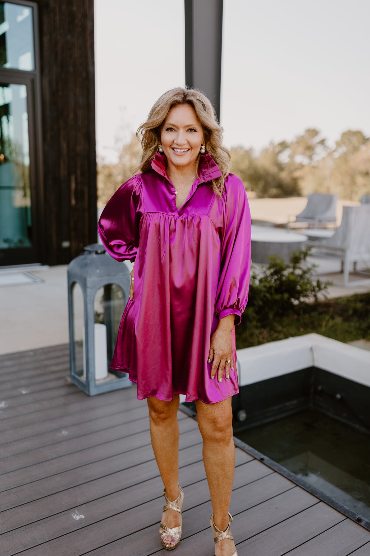 Adrienne Deep Magenta Satin Ruffle Collar Balloon Sleeve Dress