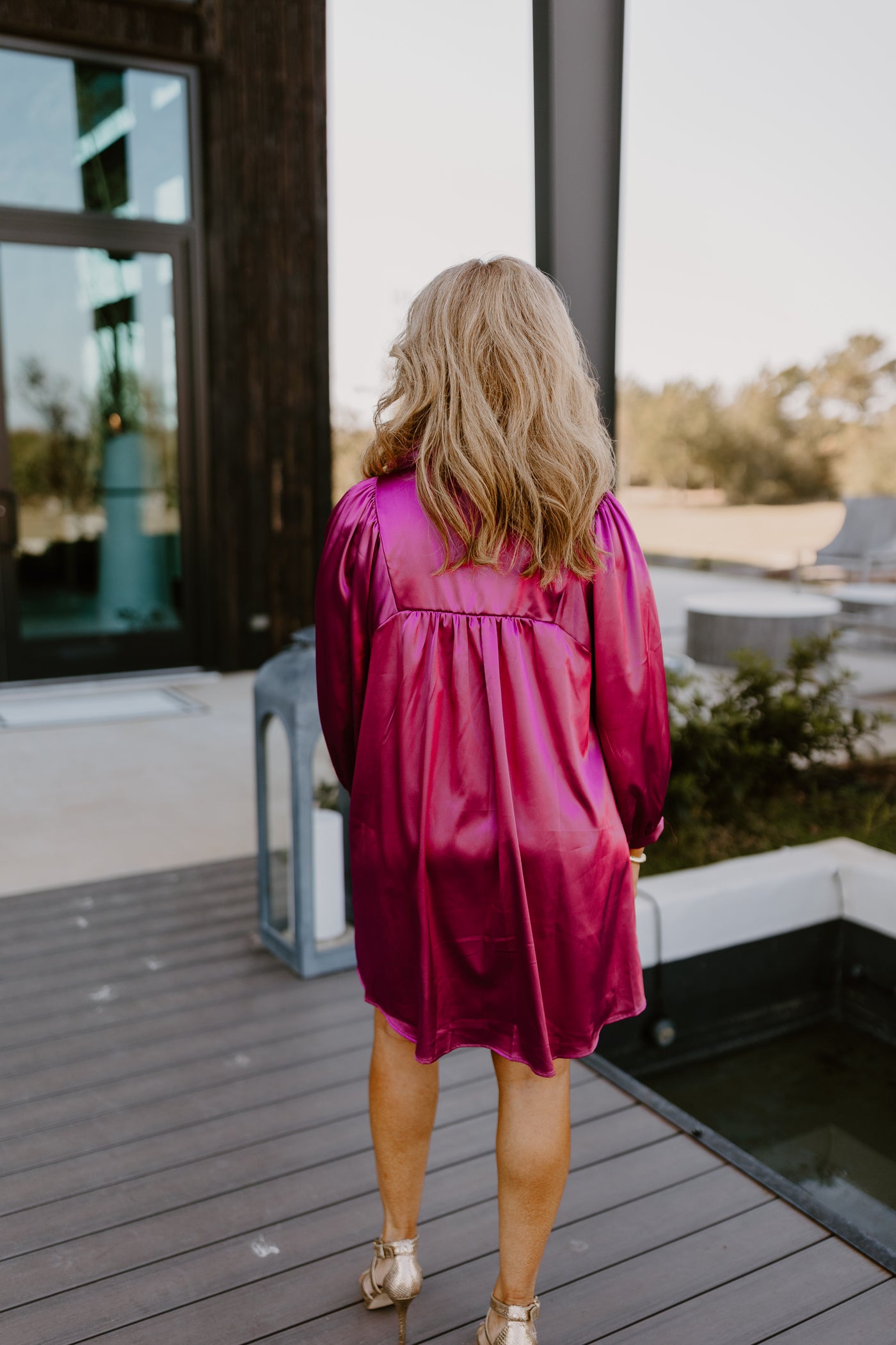 Adrienne Deep Magenta Satin Ruffle Collar Balloon Sleeve Dress