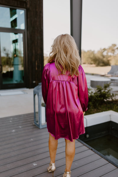 Adrienne Deep Magenta Satin Ruffle Collar Balloon Sleeve Dress