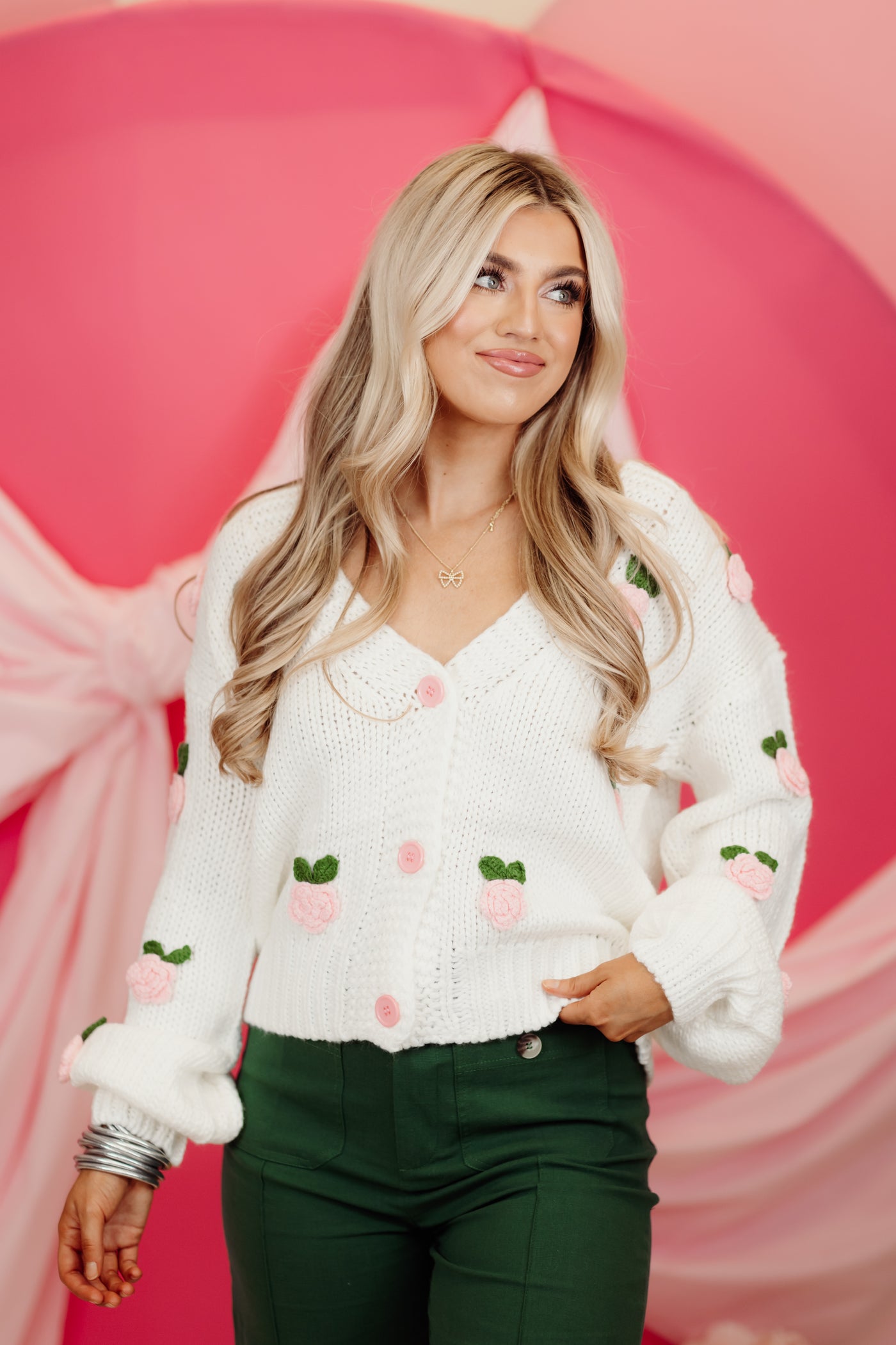 White and Pink Flower Detail Balloon Sleeve Cardigan