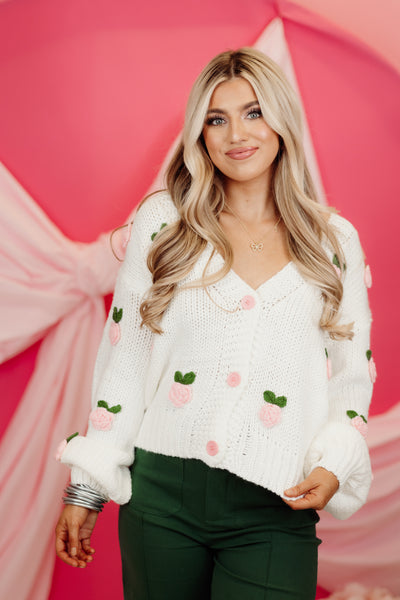 White and Pink Flower Detail Balloon Sleeve Cardigan