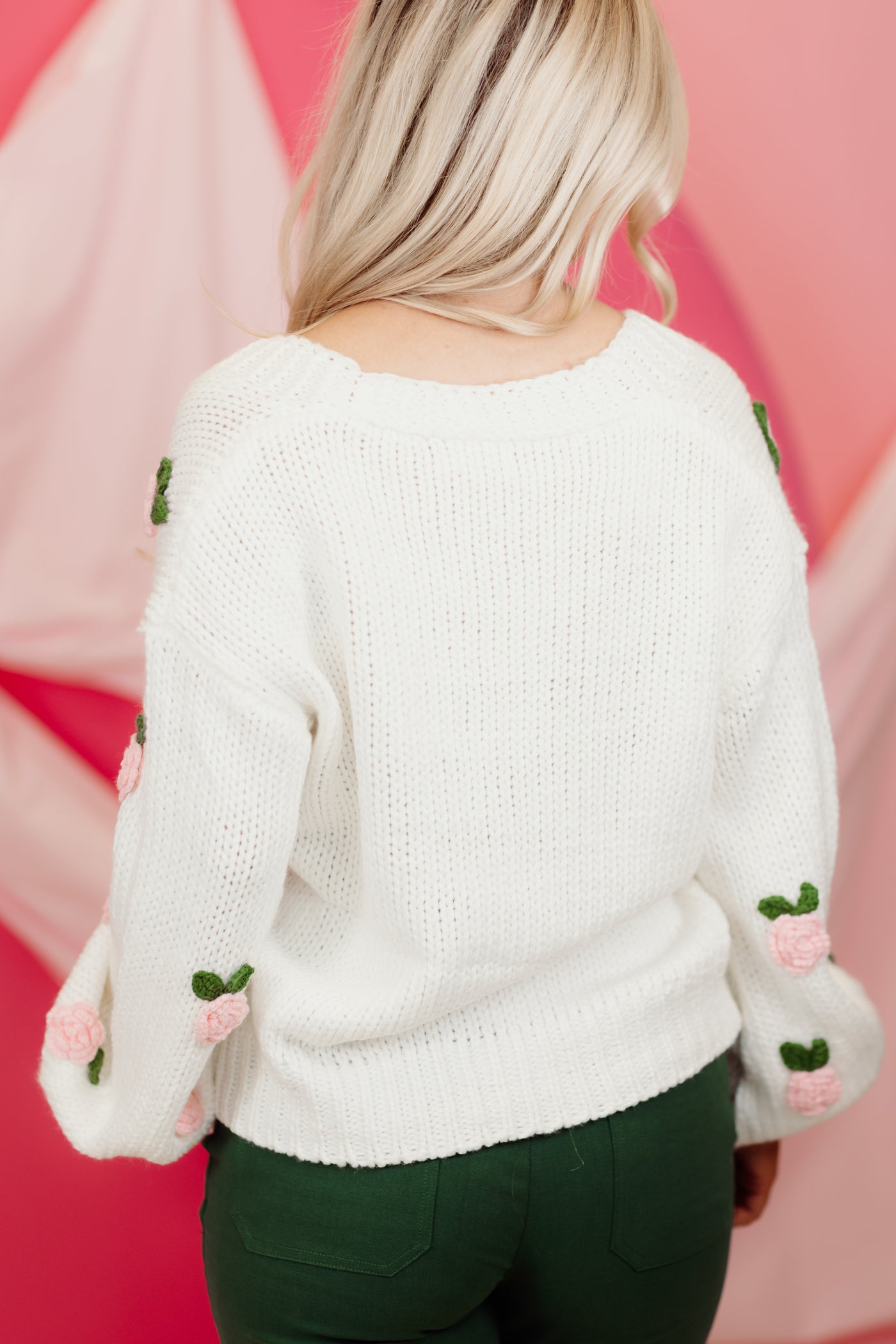 White and Pink Flower Detail Balloon Sleeve Cardigan