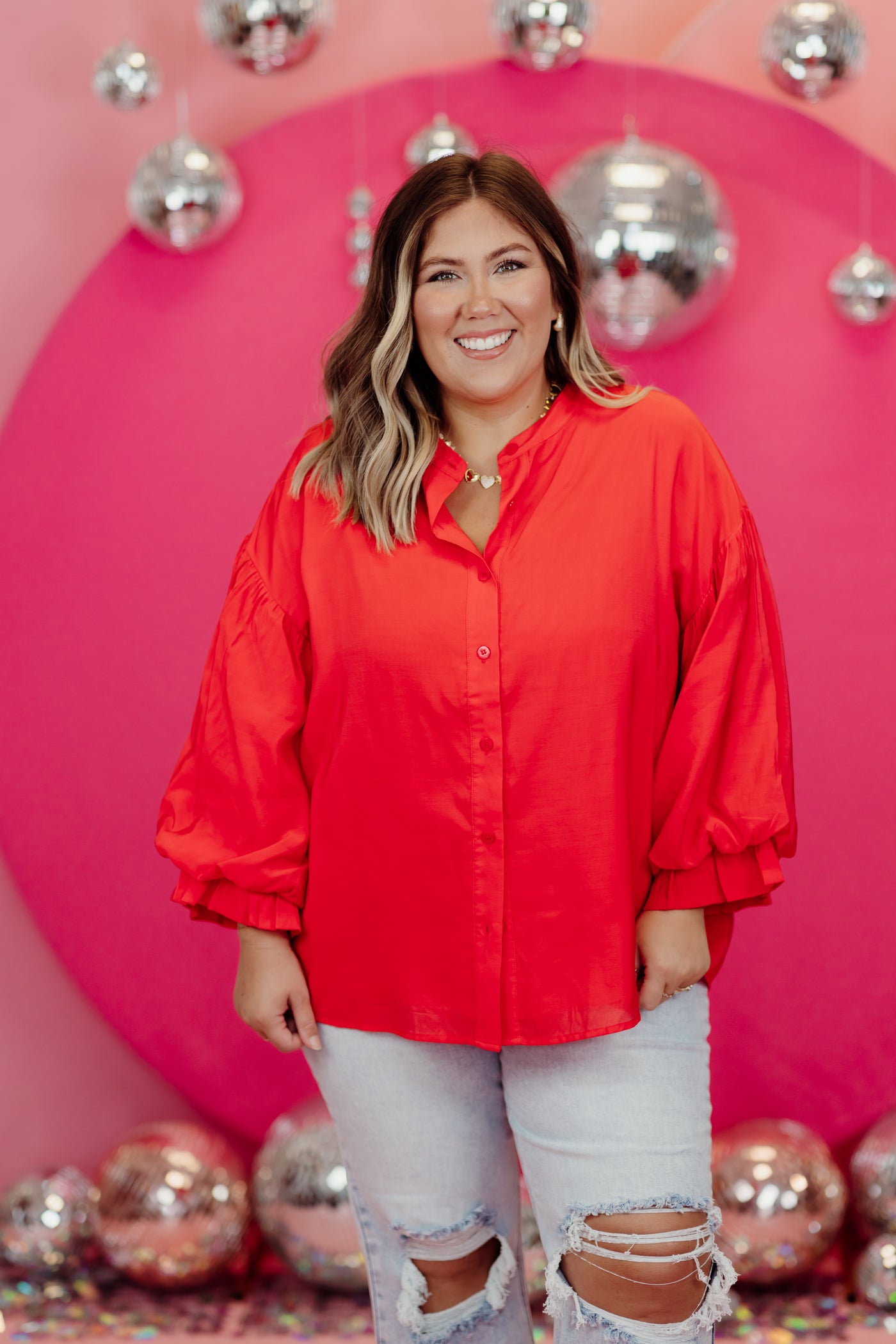 Poinsettia Puff Sleeve Button Down Blouse