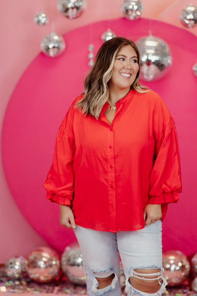 Poinsettia Puff Sleeve Button Down Blouse