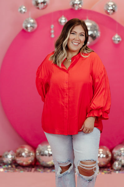 Poinsettia Puff Sleeve Button Down Blouse