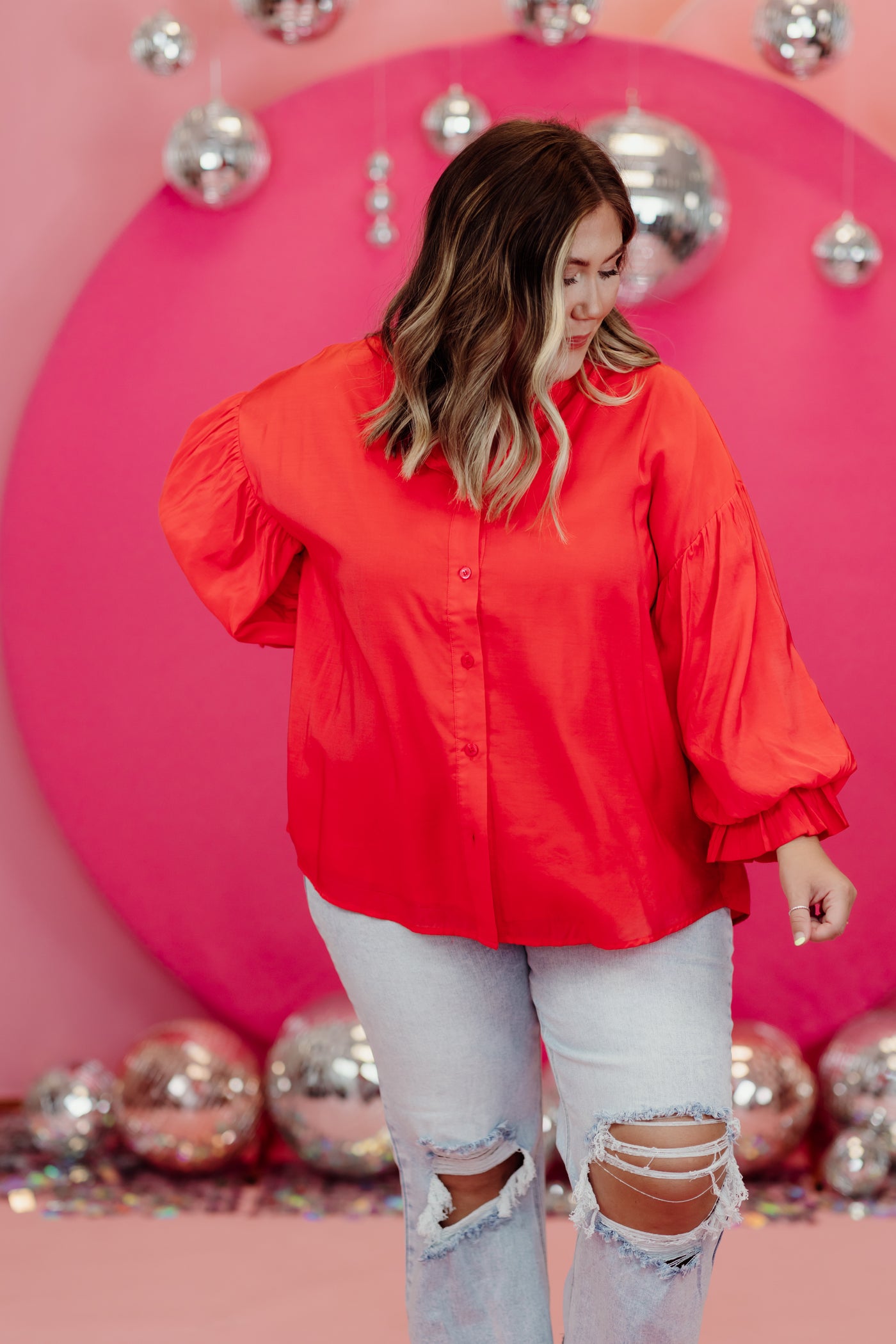 Poinsettia Puff Sleeve Button Down Blouse