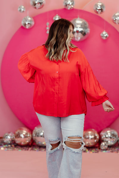 Poinsettia Puff Sleeve Button Down Blouse