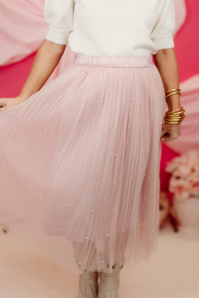 Blush Organza Pearl Detail Midi Skirt