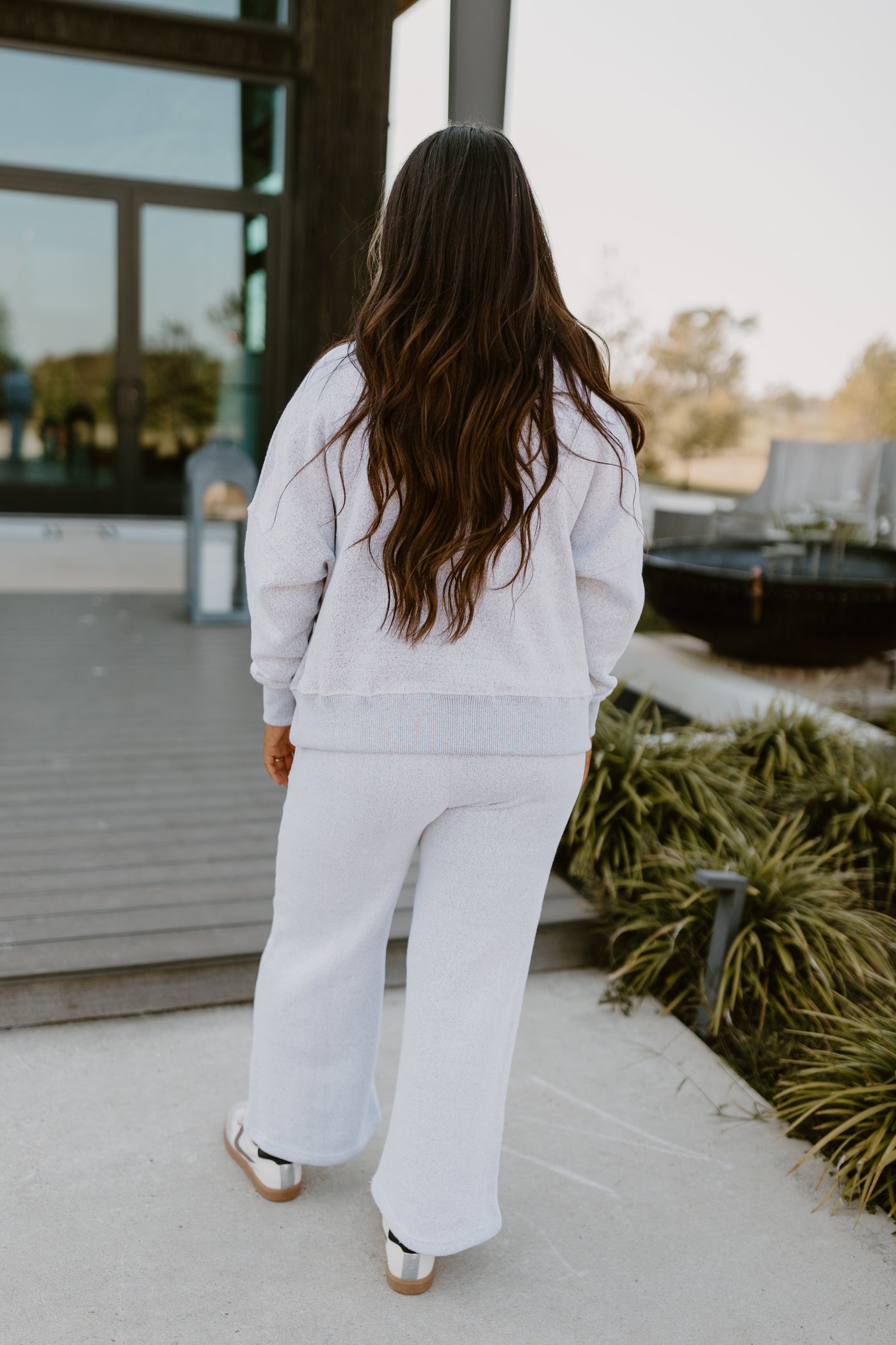 Oatmeal Long Sleeve Crew Neck Pullover and Wide Leg Pant Set