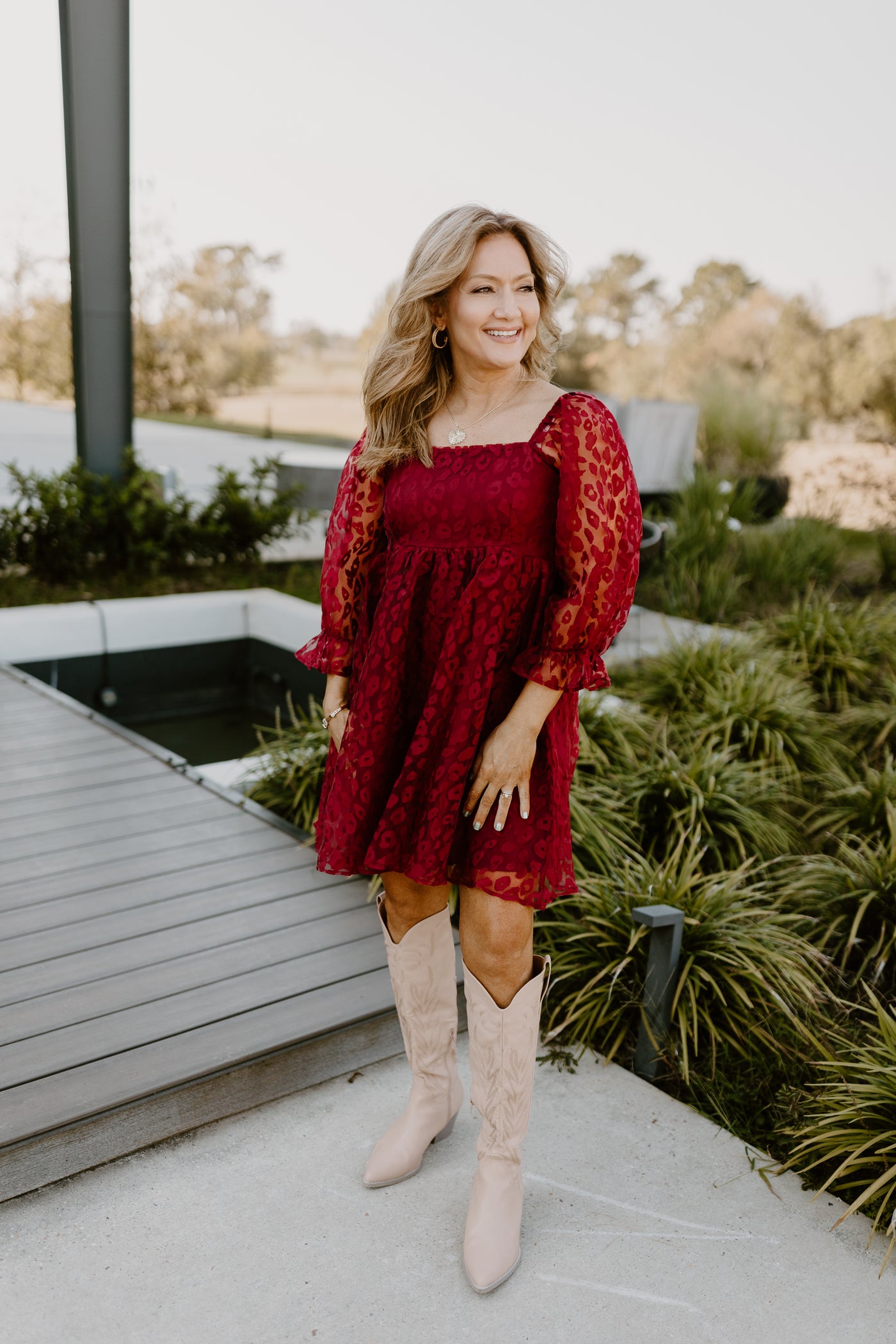 Burgundy Leopard Square Neck Puff Sleeve Dress