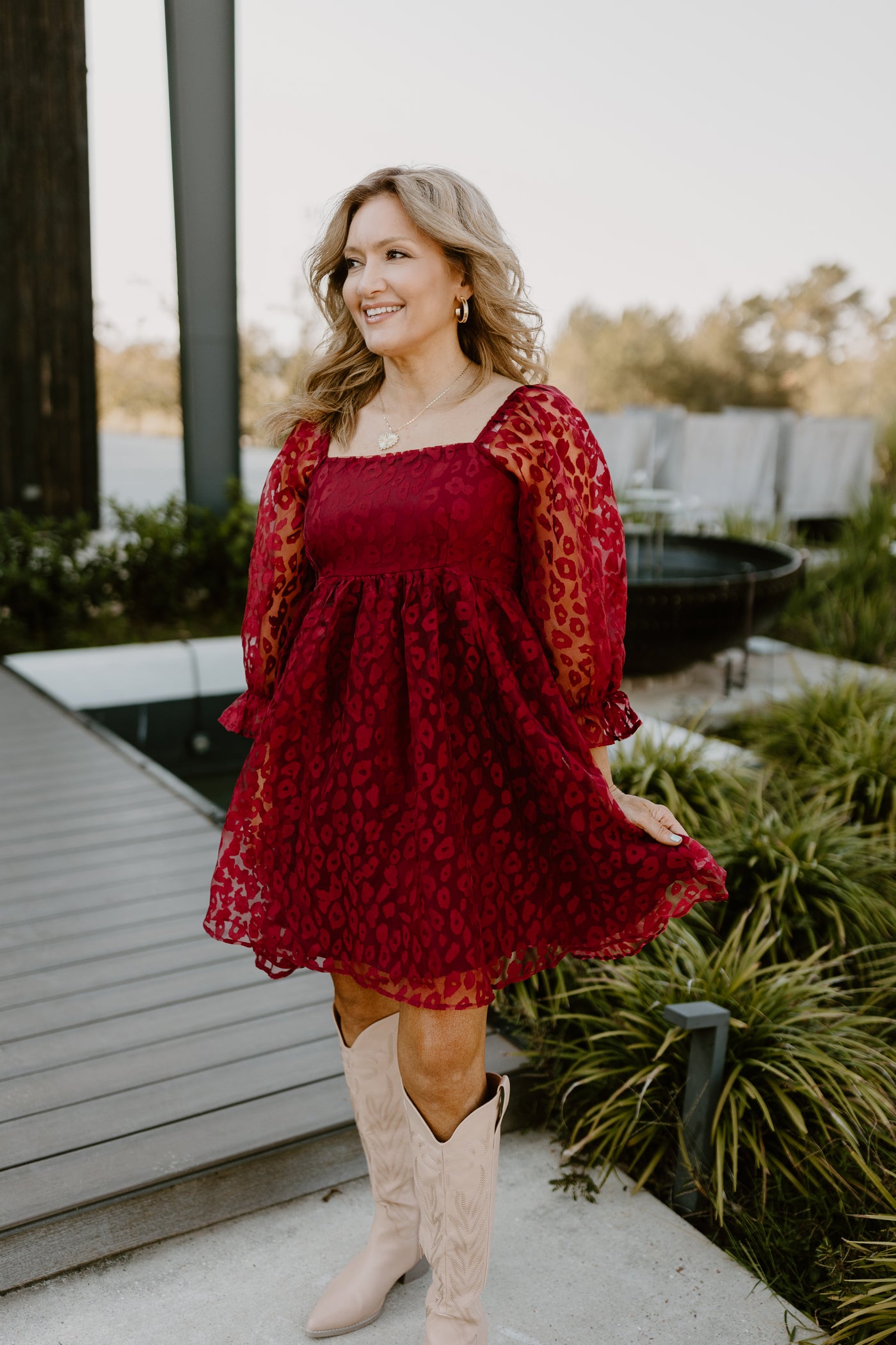 Burgundy Leopard Square Neck Puff Sleeve Dress