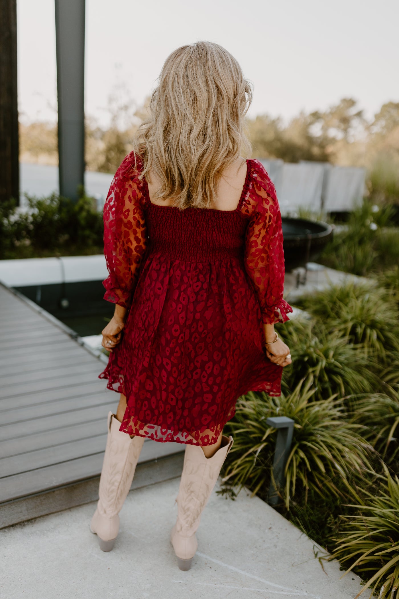 Burgundy Leopard Square Neck Puff Sleeve Dress