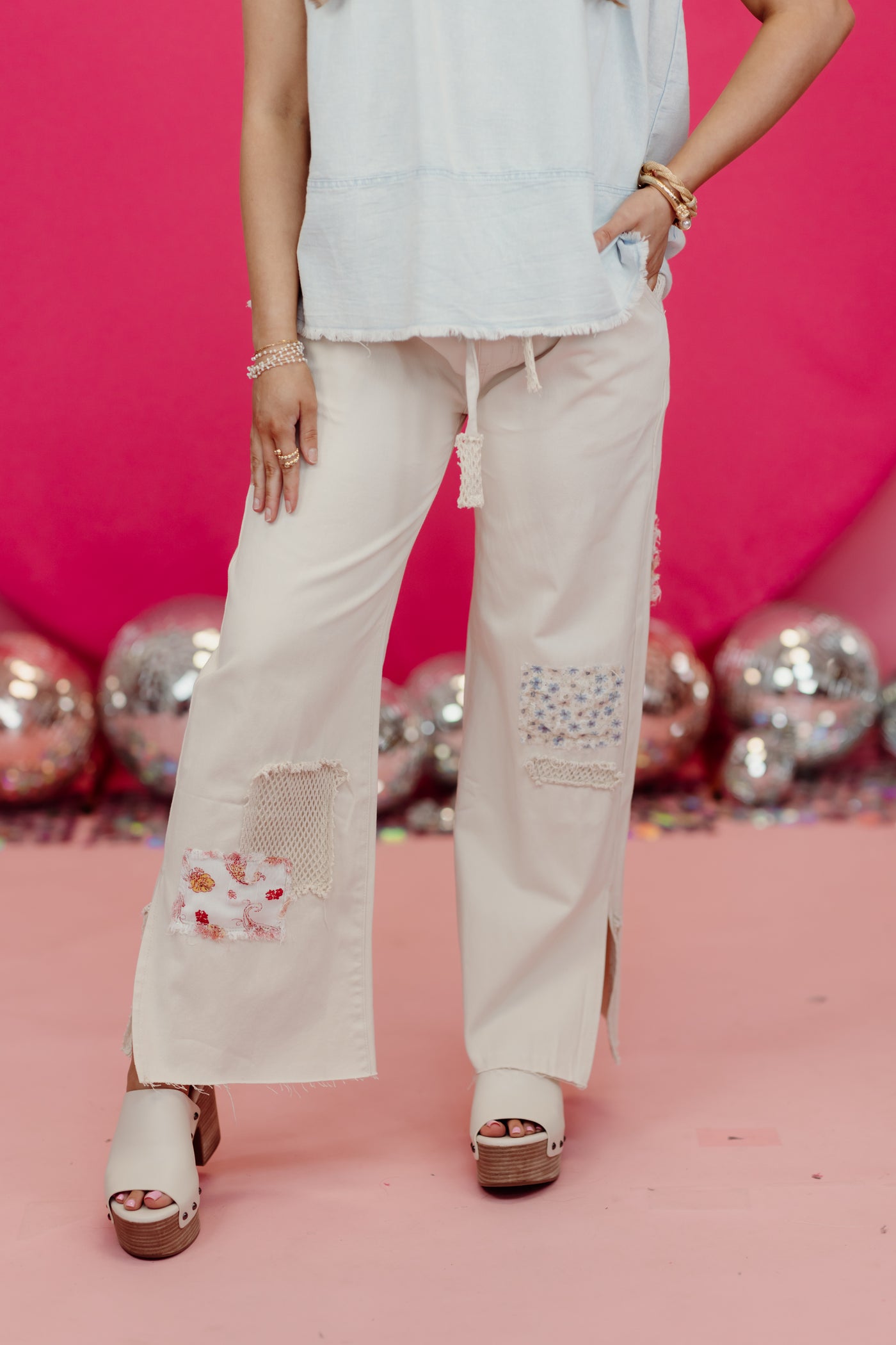 Milk Beige Patch Detail Wide Leg Pants