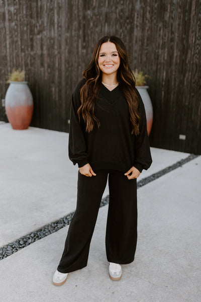 Black V-Neck Brushed Pullover and Pant Set