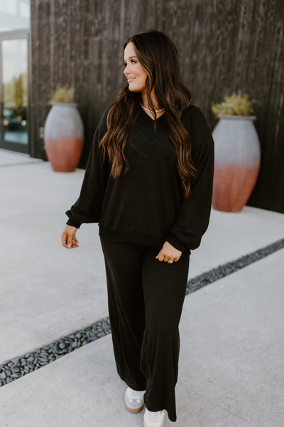 Black V-Neck Brushed Pullover and Pant Set