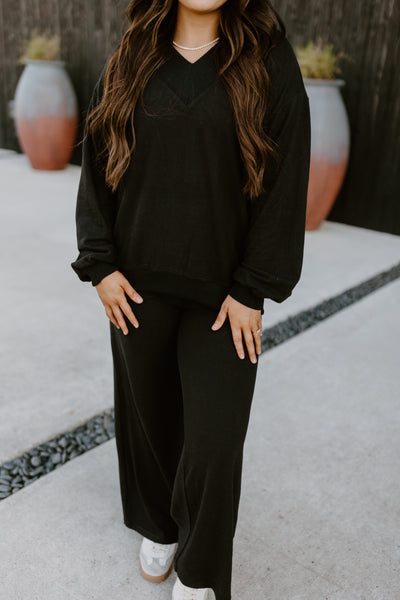 Black V-Neck Brushed Pullover and Pant Set