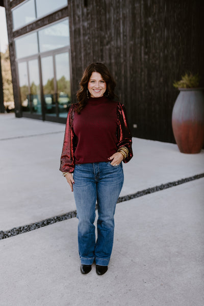 Wine Sequin Sleeve Mock Neck Sweater Top