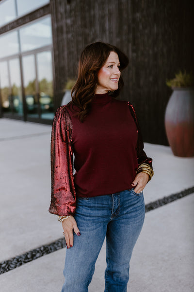 Wine Sequin Sleeve Mock Neck Sweater Top