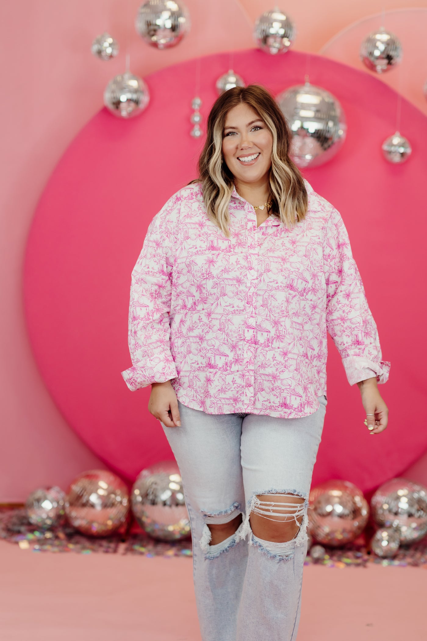 Pink Magnolia Chinoiserie Button Down Blouse