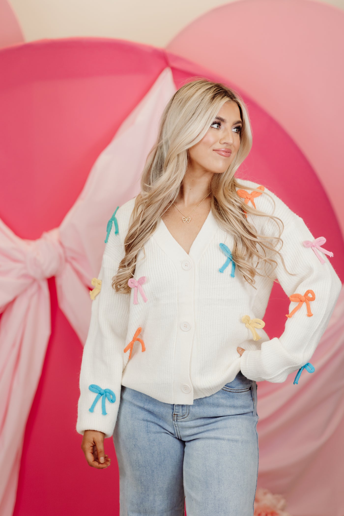 White Multicolored Bow Cardigan