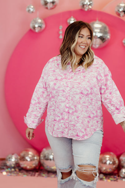 Pink Magnolia Chinoiserie Button Down Blouse