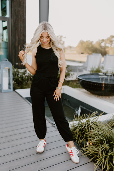 Black Ribbed Crop Top and Jogger Set