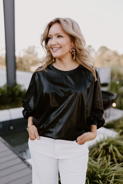 Black Metallic Bell Sleeve Flowy Blouse