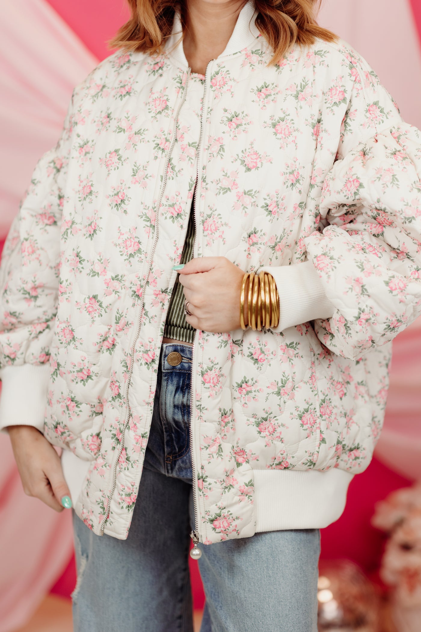 Off White Floral Quilted Oversized Bomber Jacket