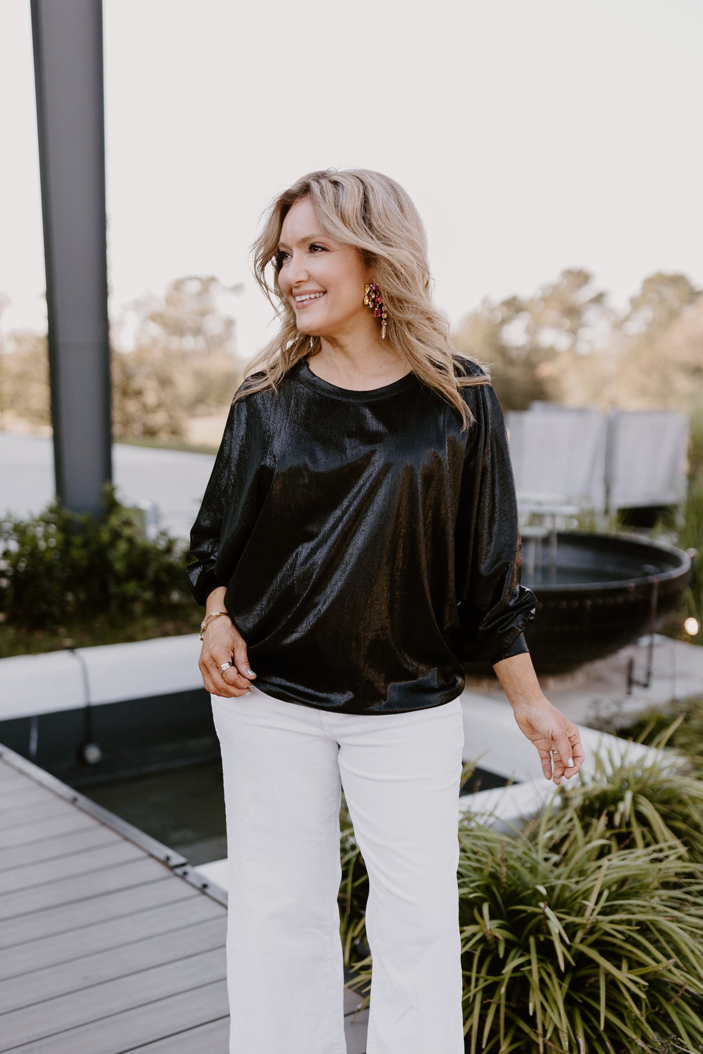 Black Metallic Bell Sleeve Flowy Blouse