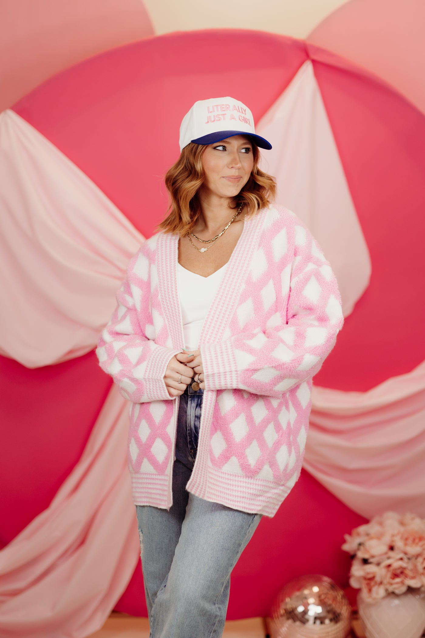 Pink and White Diamond Sweater Cardigan