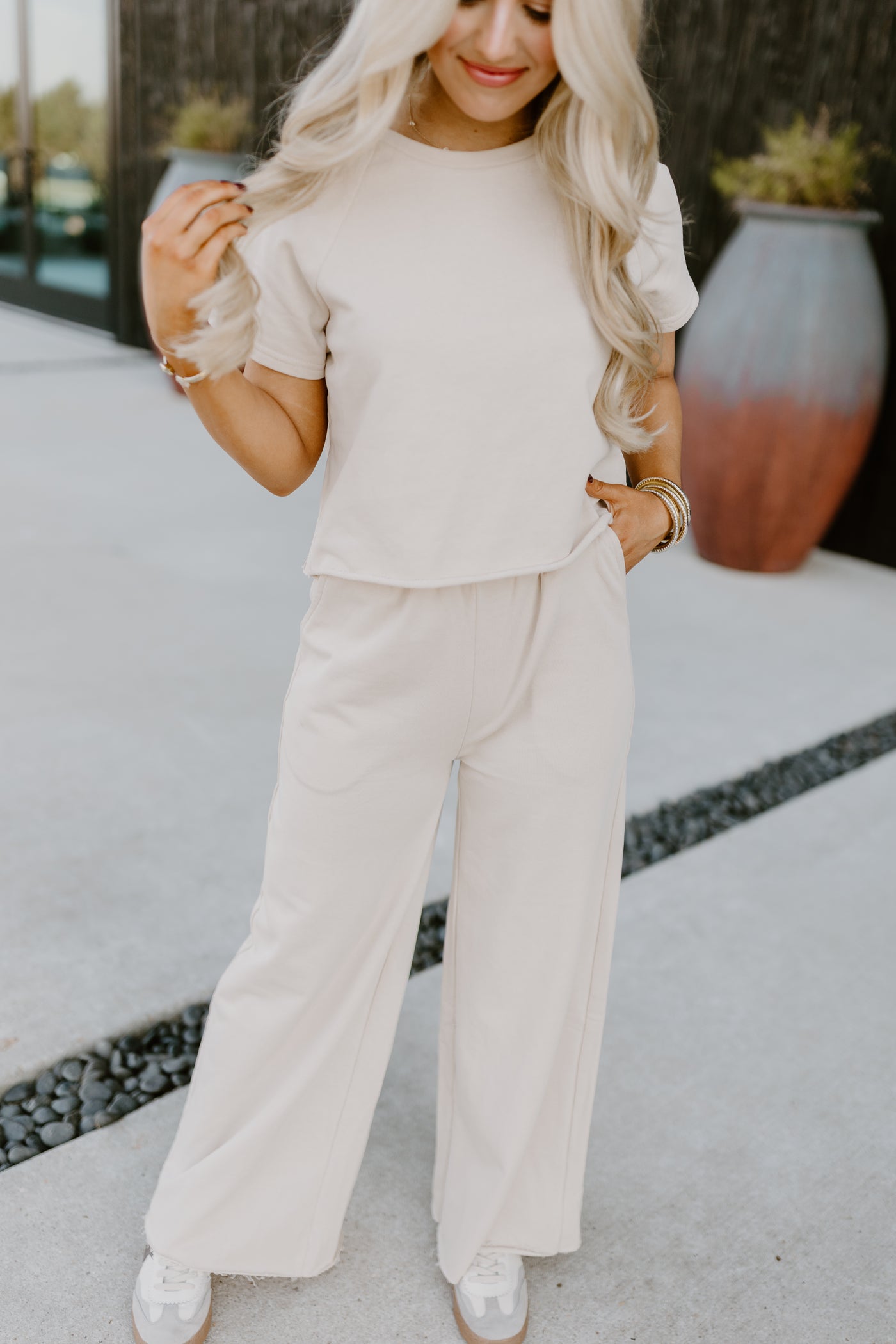 Natural Oversized Tee and Wide Leg Pant Set