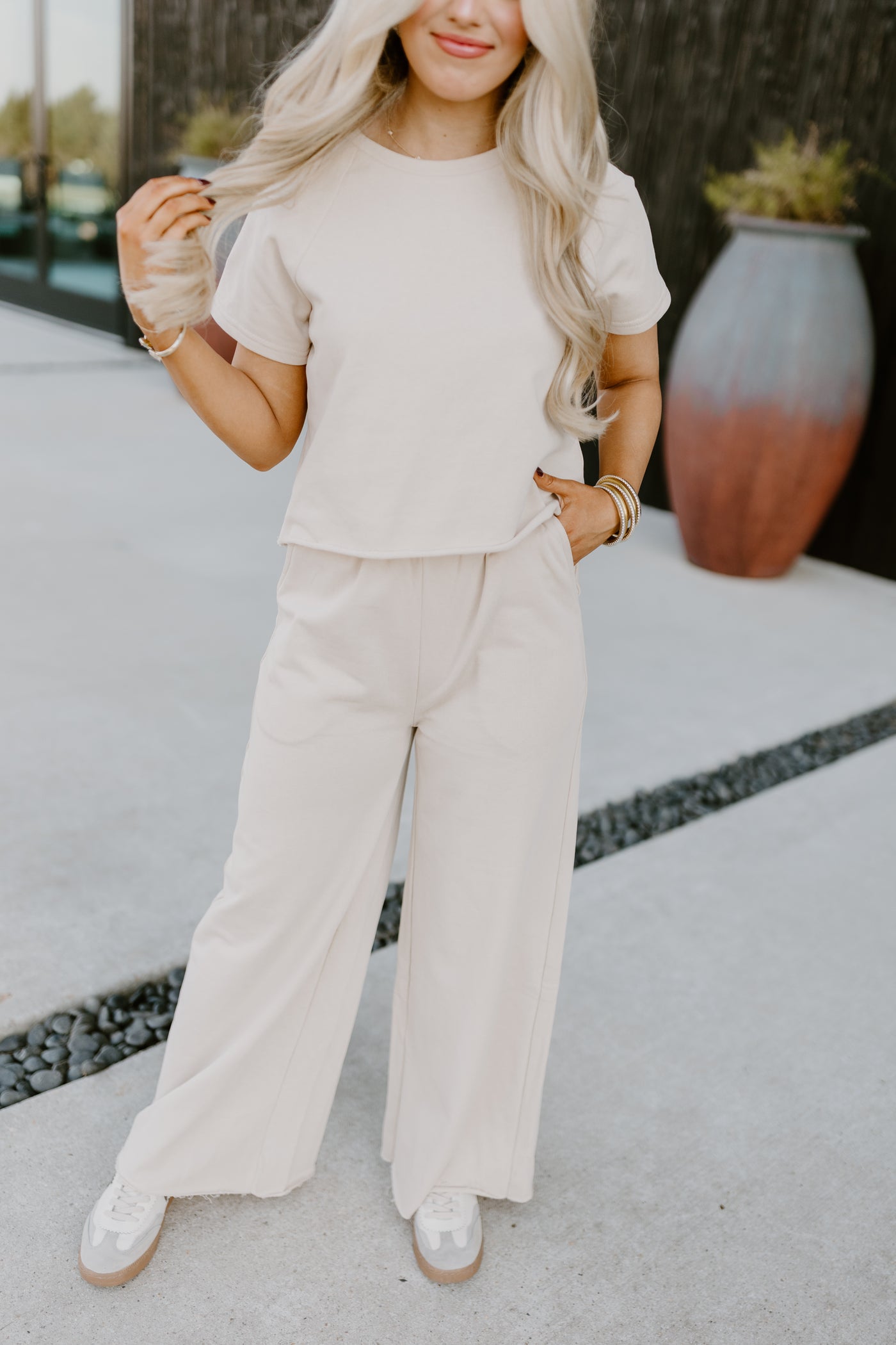 Natural Oversized Tee and Wide Leg Pant Set