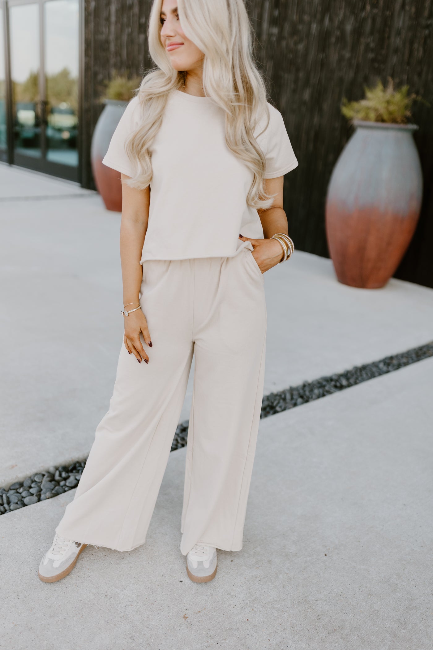 Natural Oversized Tee and Wide Leg Pant Set