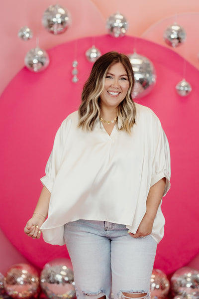 Ivory Satin Pleated V-Neck Blouse