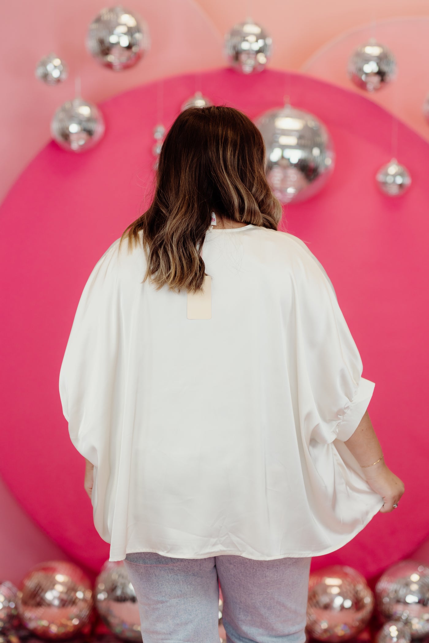 Ivory Satin Pleated V-Neck Blouse