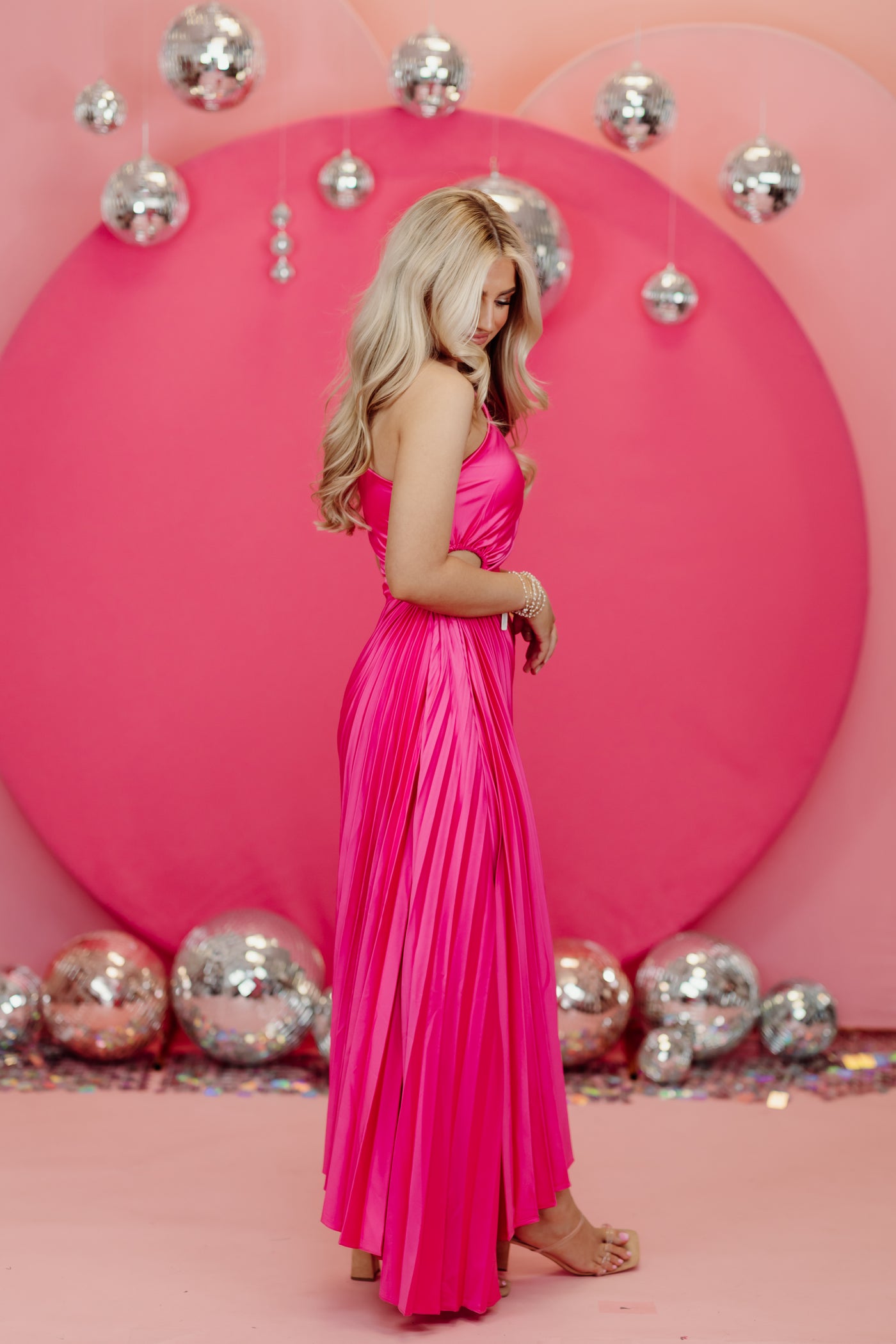 Karlie Bubblegum Satin One Shoulder Maxi Dress