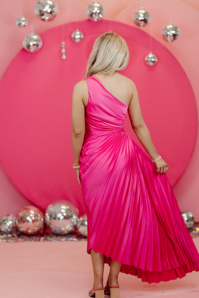 Karlie Bubblegum Satin One Shoulder Maxi Dress