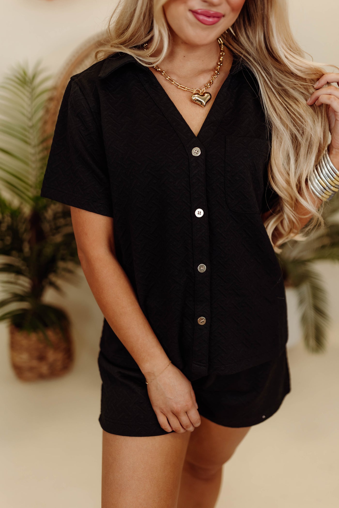 Mary Square Black Button Down and Short Maren Set