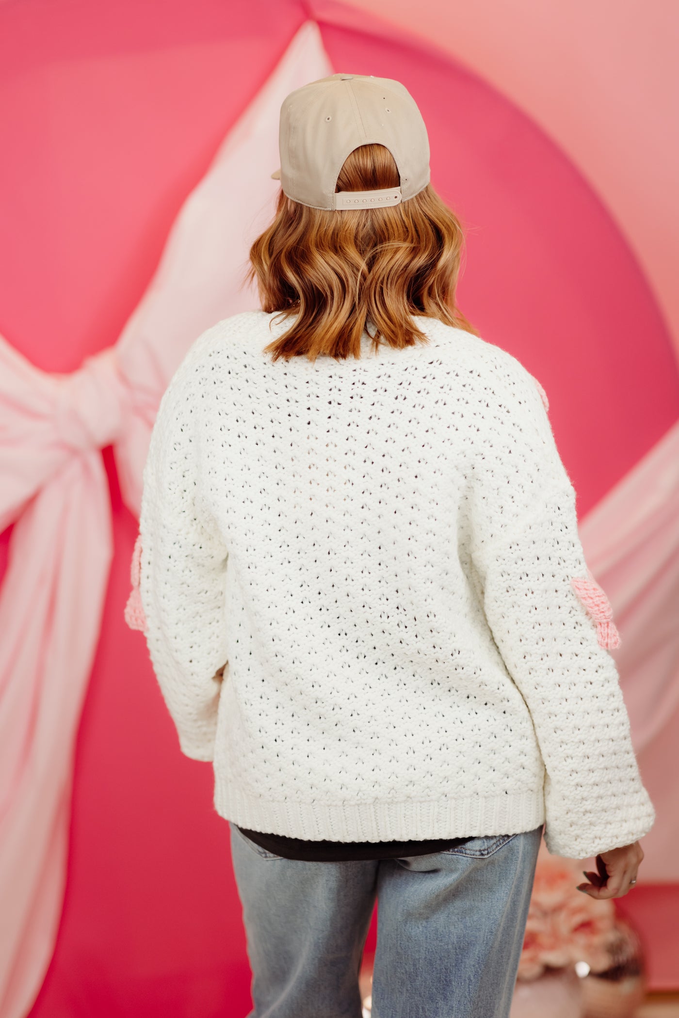 White and Pink Bow Detail Crochet Cardigan