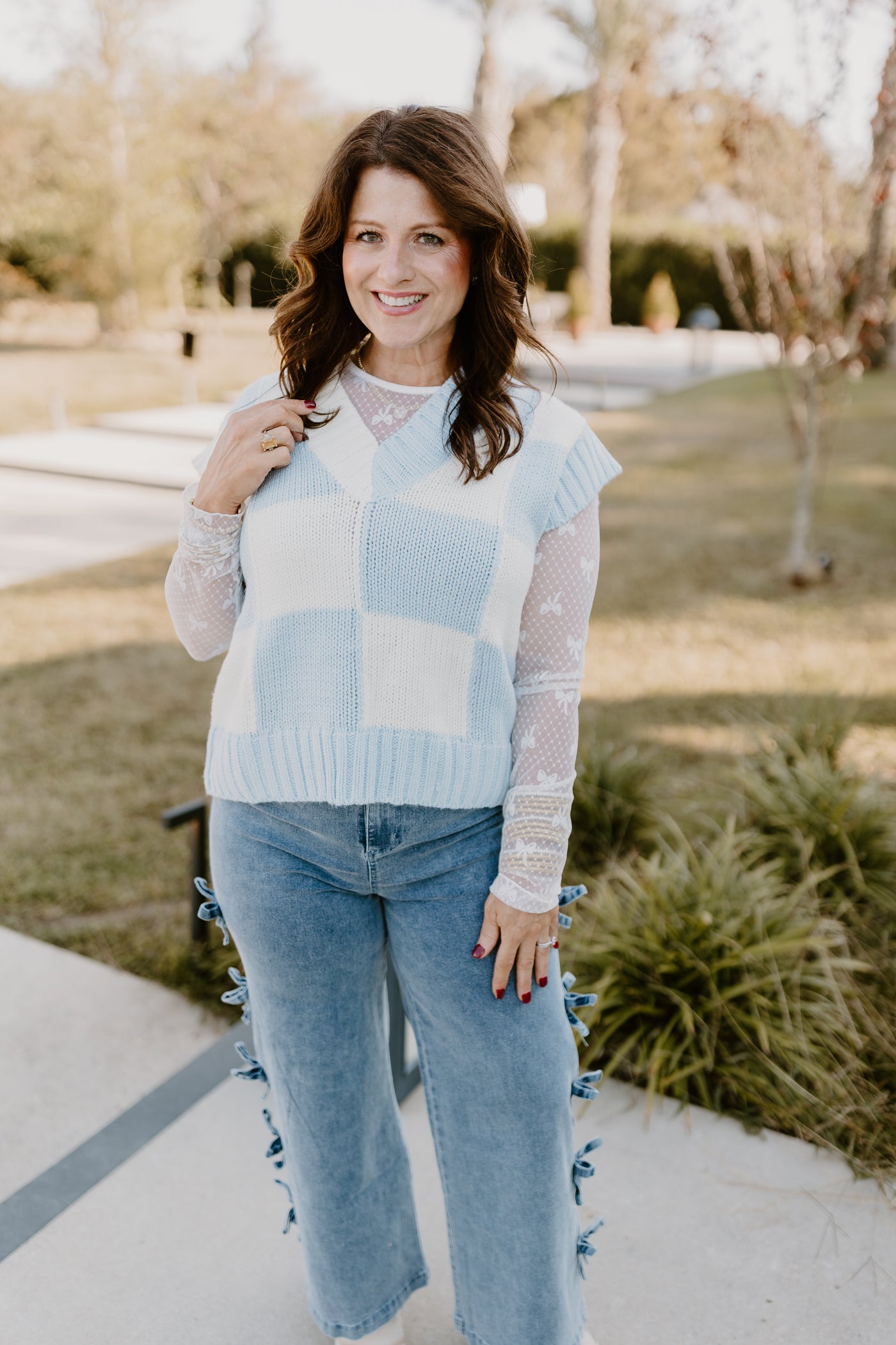 Sky Blue V-Neck Checkered Sweater Vest