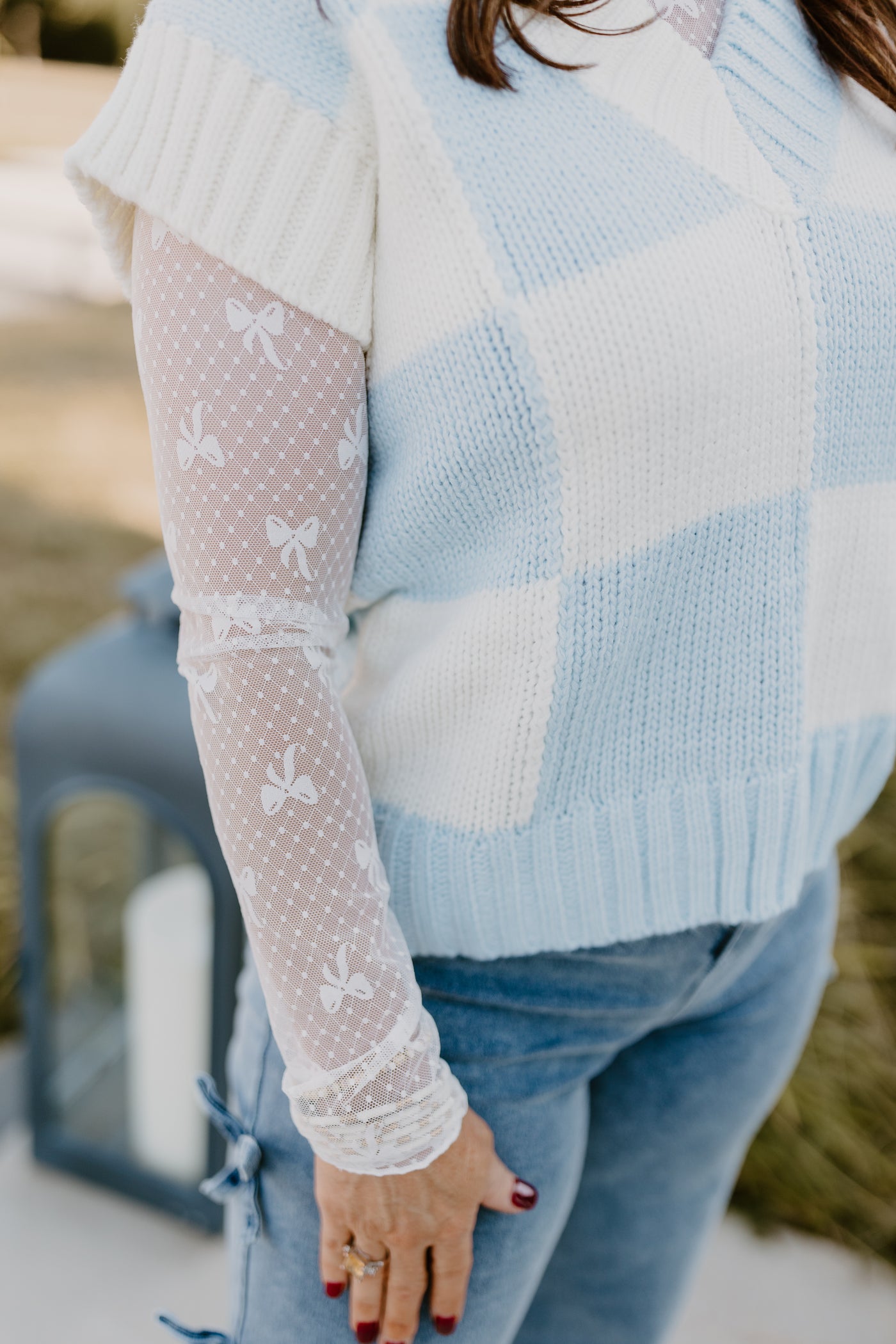 Sky Blue V-Neck Checkered Sweater Vest