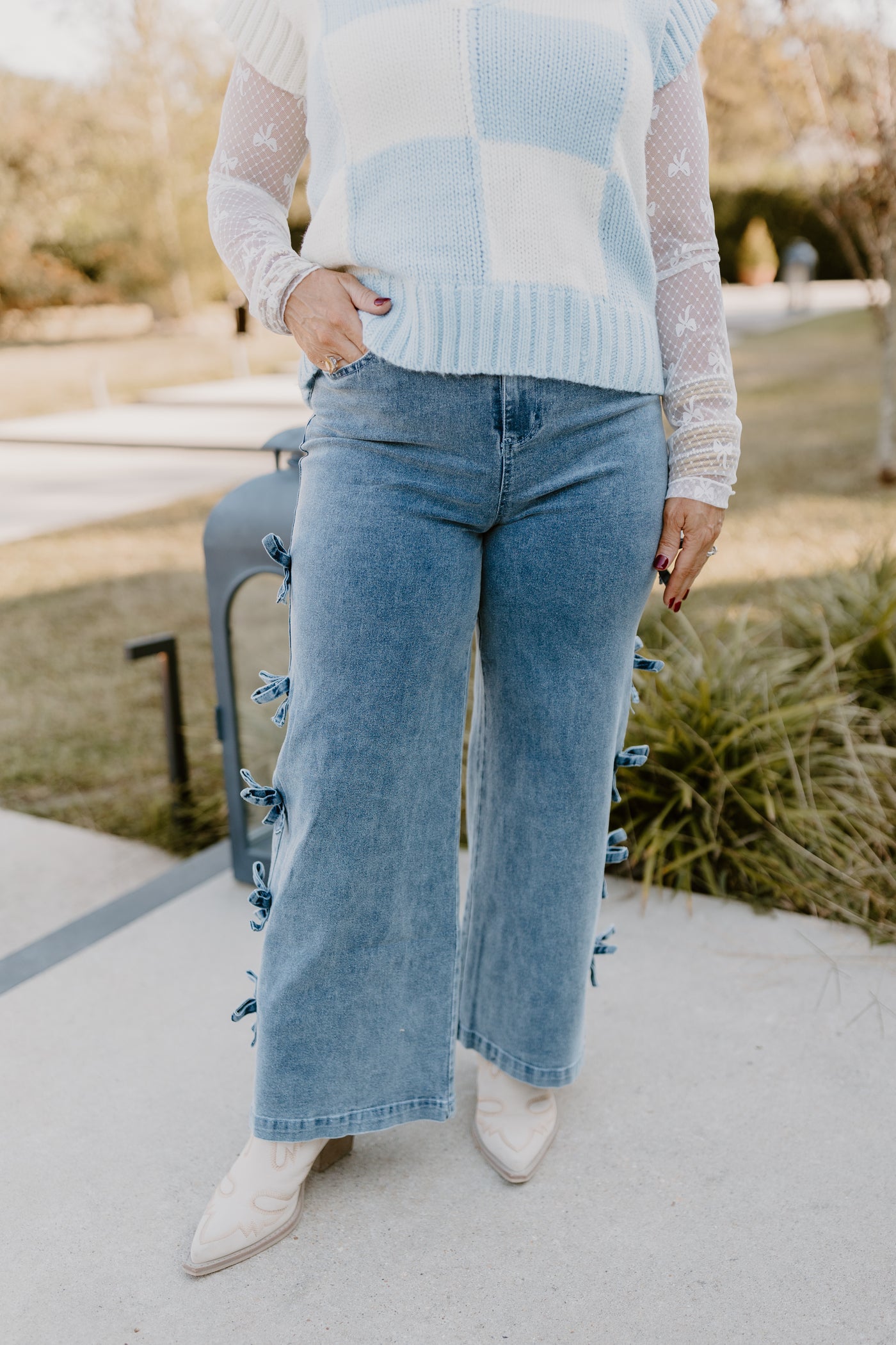 Denim Bow Detail Mid Rise Flare Jeans