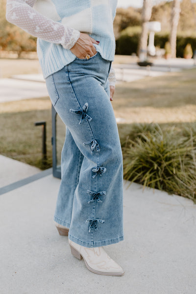 Denim Bow Detail Mid Rise Flare Jeans