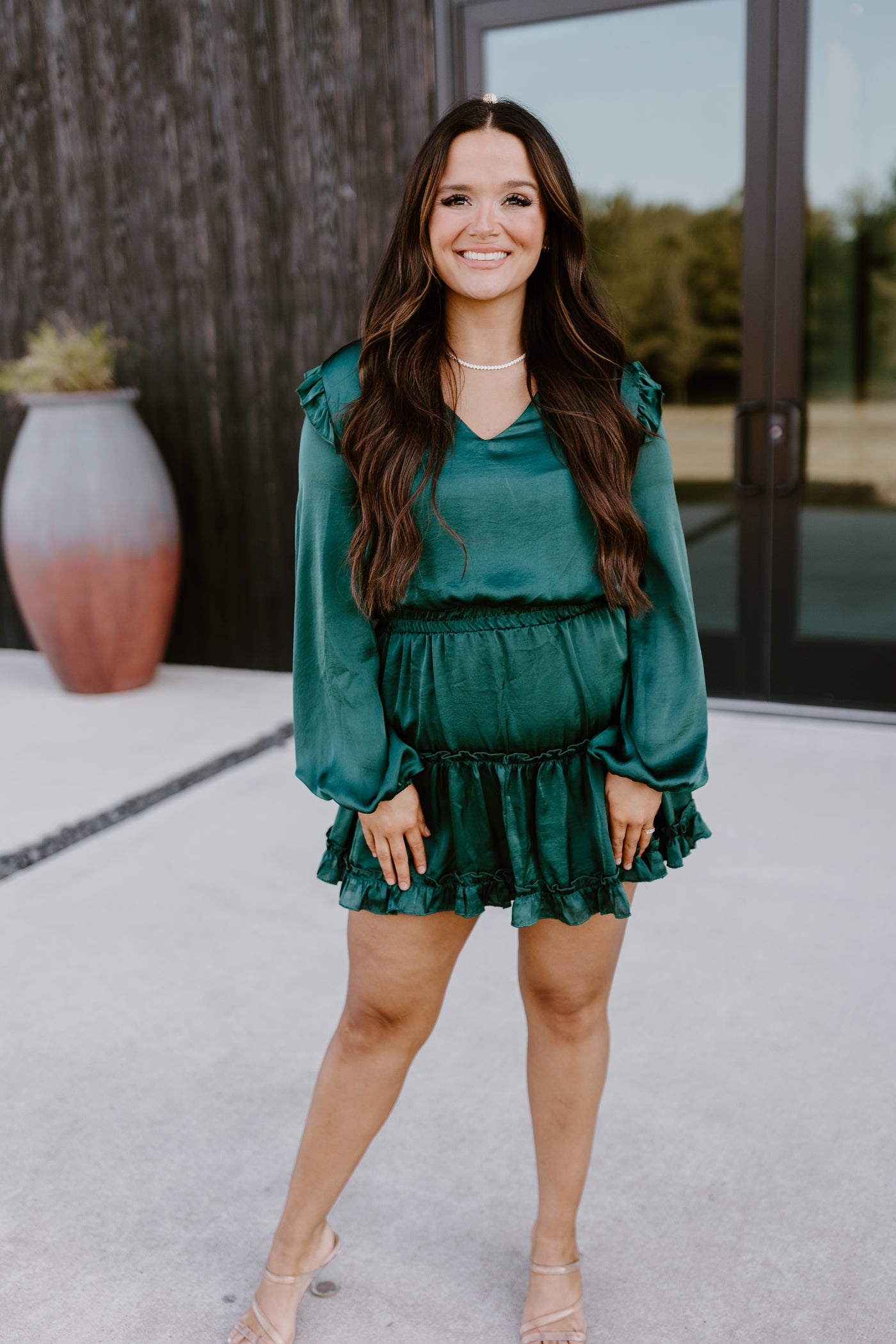 Adrienne Malachite Green Satin Long Sleeve Ruffle Dress