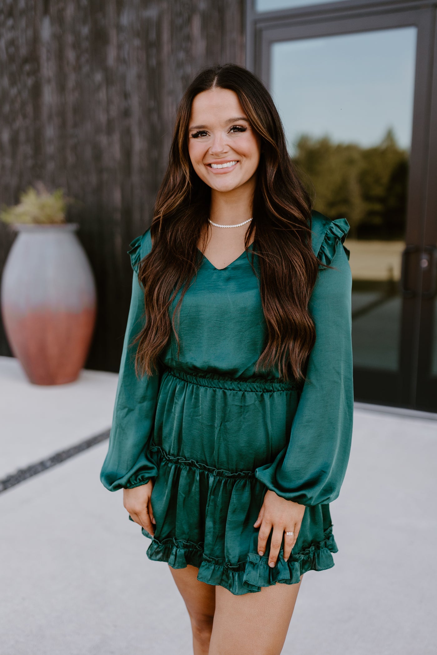 Adrienne Malachite Green Satin Long Sleeve Ruffle Dress