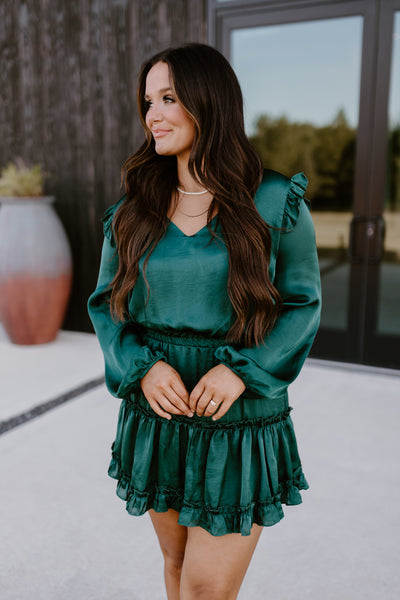 Adrienne Malachite Green Satin Long Sleeve Ruffle Dress