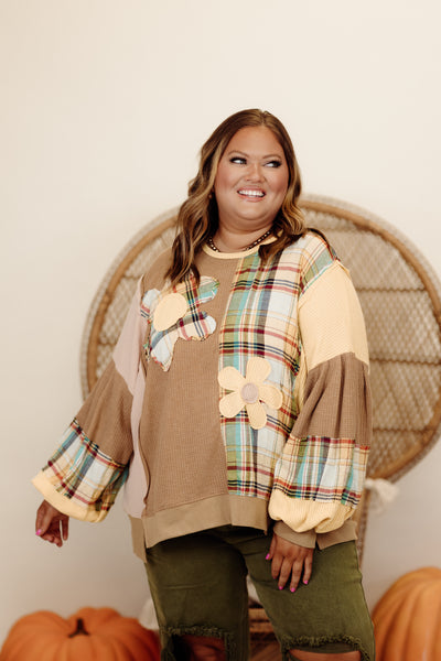 Mocha Combo Plaid Mix Daisy Patch Oversized Top